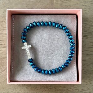 Blue Beaded Rhinestone Cross Elastic Bracelet, New
